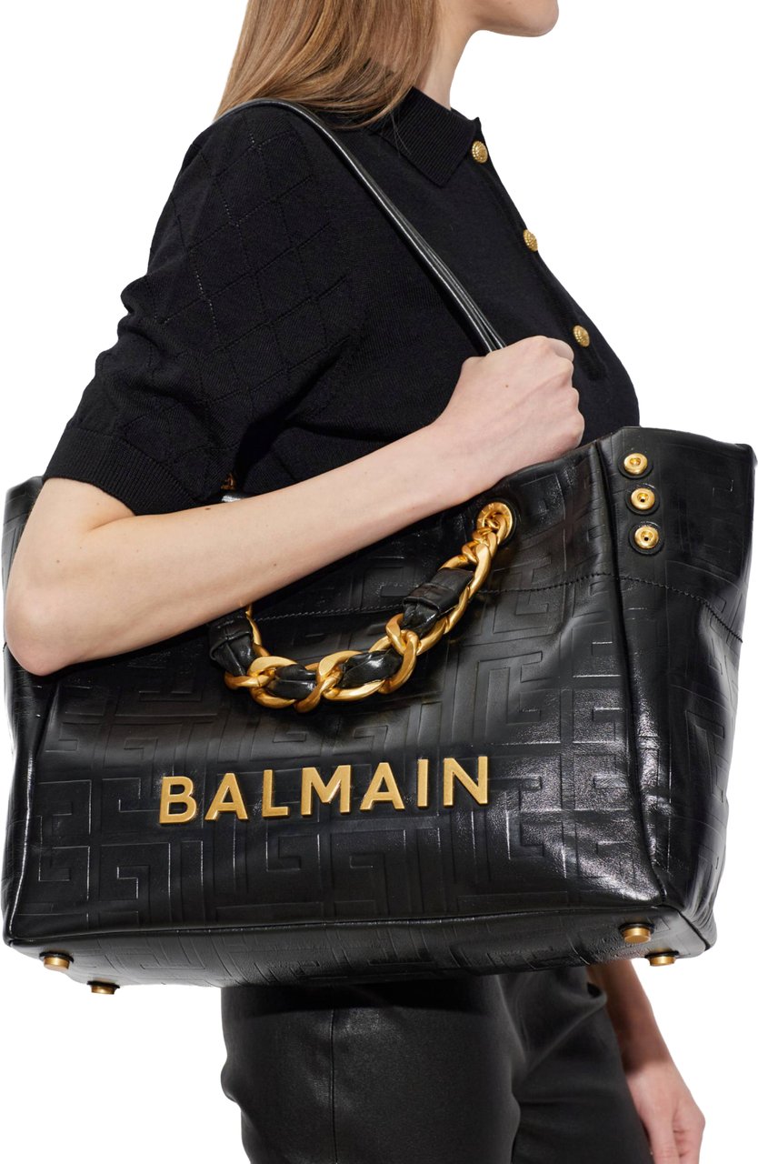 Balmain Black Open Large Embossed Tote Bag Zwart