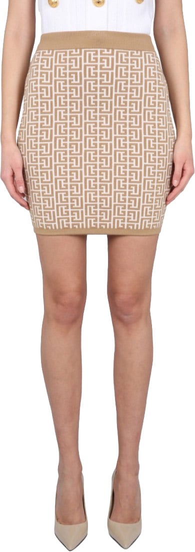 Balmain Fitted Mini Skirt With All-Over Pattern Neutraal