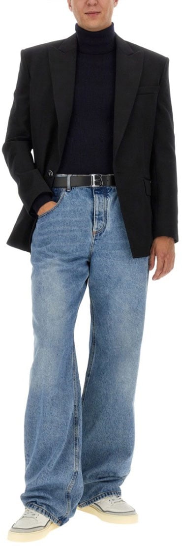 Balmain Ribbed High Neck Turtleneck Sweater Blauw