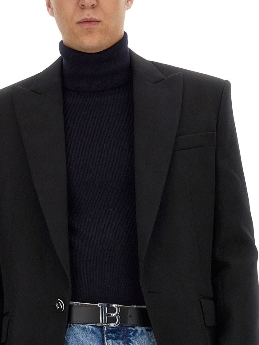 Balmain Ribbed High Neck Turtleneck Sweater Blauw
