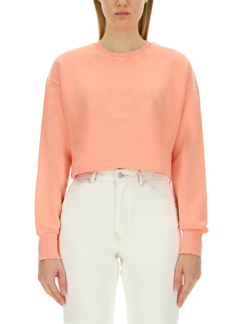 Balmain Cropped Fit Sweatshirt With Embossed Logo Roze