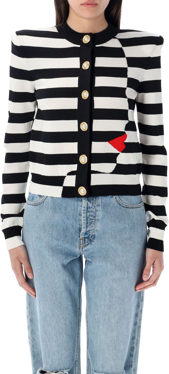 Balmain Geometric Knit Cardigan White Black Stripes Divers