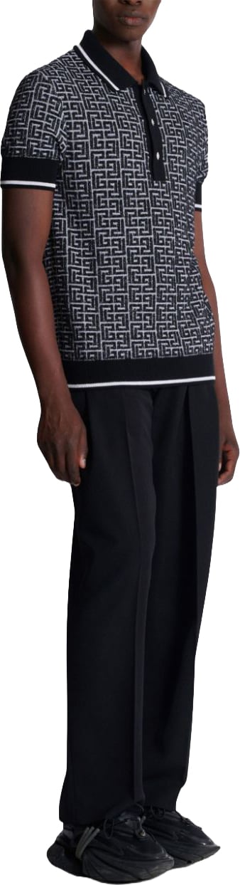Balmain Patterned Jacquard Short-Sleeve Polo Shirt in Merino Wool Blend Grijs