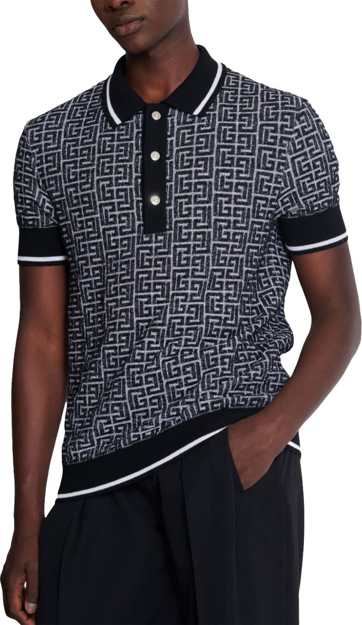 Balmain Patterned Jacquard Short-Sleeve Polo Shirt in Merino Wool Blend Grijs