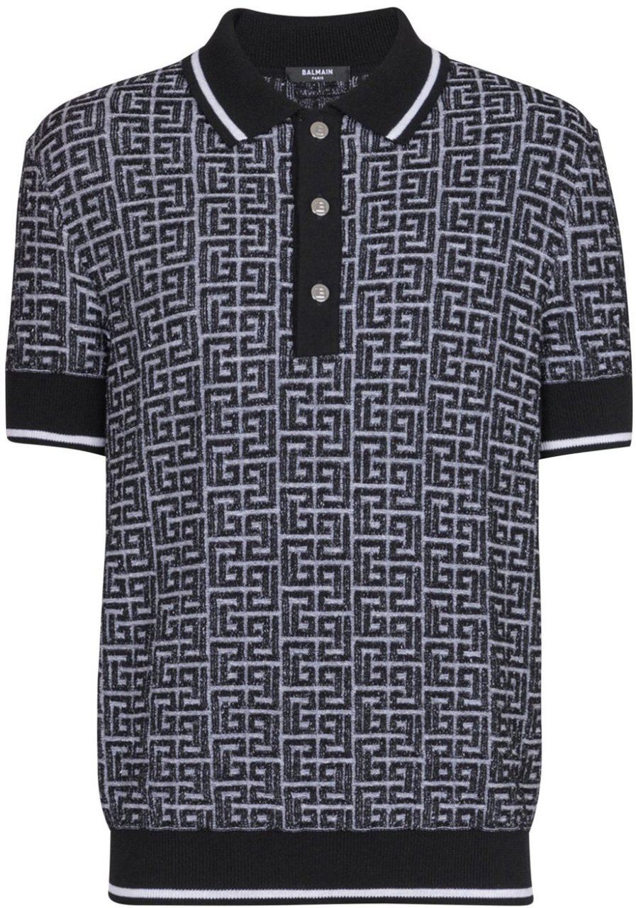 Balmain Patterned Jacquard Short-Sleeve Polo Shirt in Merino Wool Blend Grijs