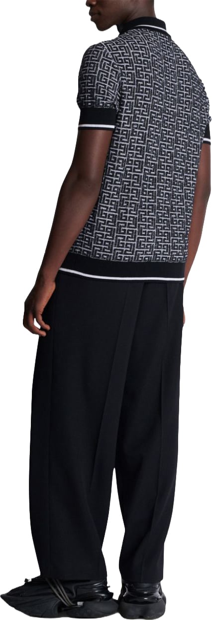 Balmain Patterned Jacquard Short-Sleeve Polo Shirt in Merino Wool Blend Grijs