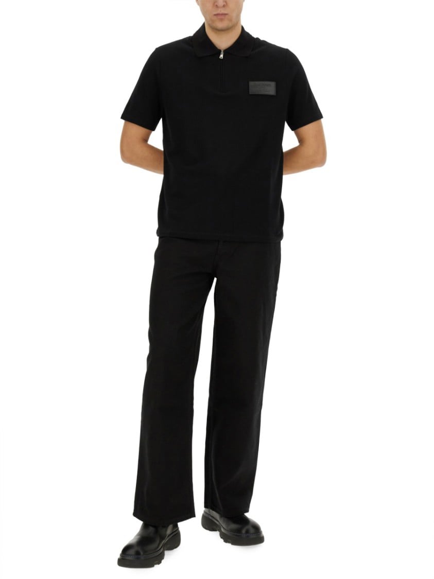 Balmain Black Polo Shirt With Zippered Collar Zwart