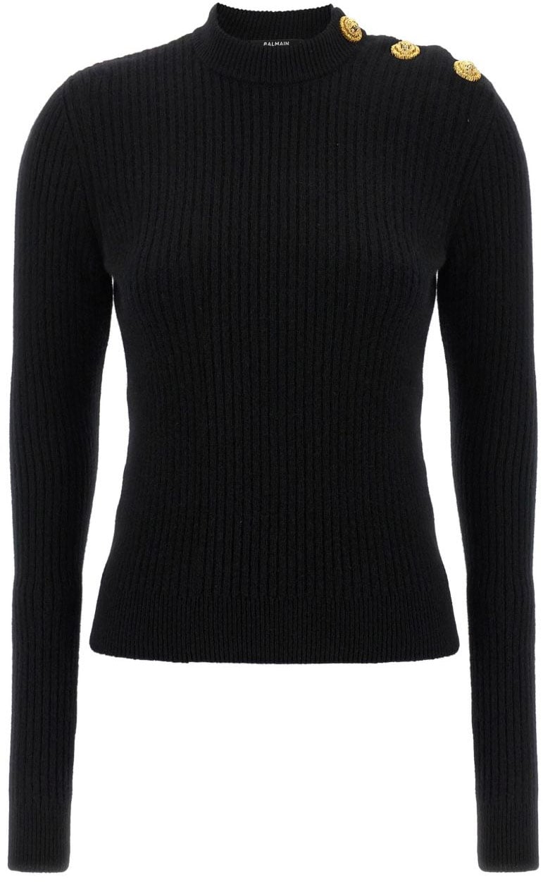 Balmain Ribbed-Knit Sweater with Lion-Head Button Detailing Zwart