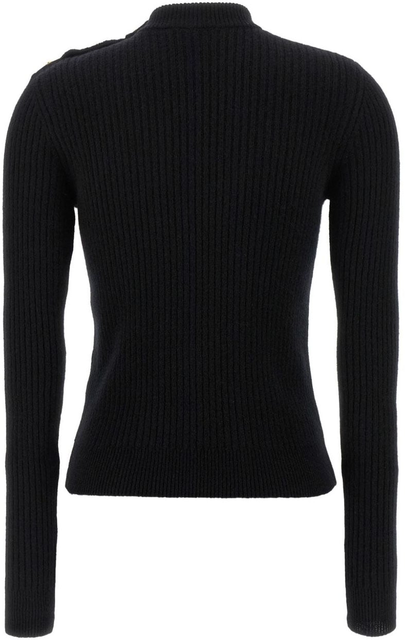 Balmain Ribbed-Knit Sweater with Lion-Head Button Detailing Zwart