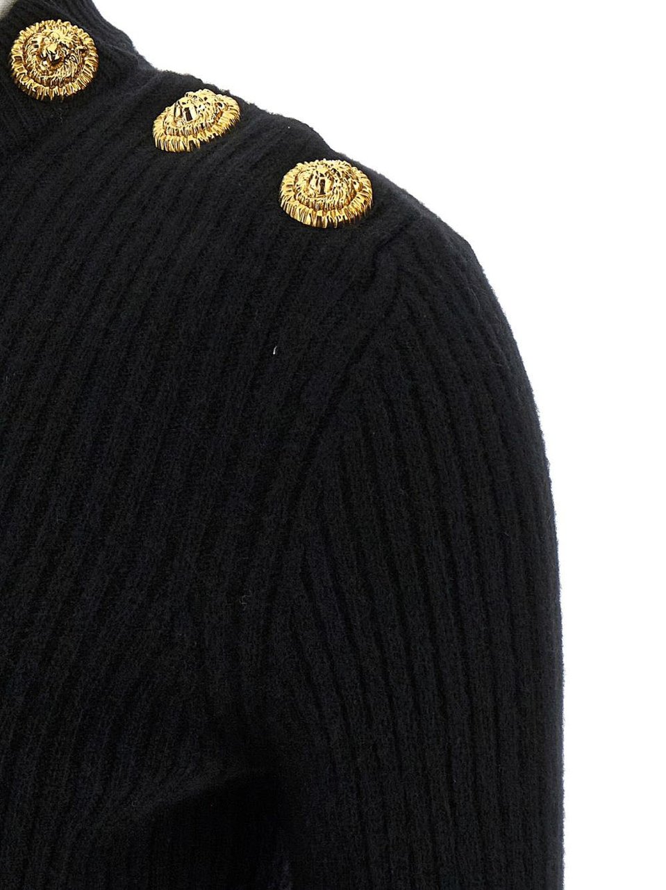 Balmain Ribbed-Knit Sweater with Lion-Head Button Detailing Zwart