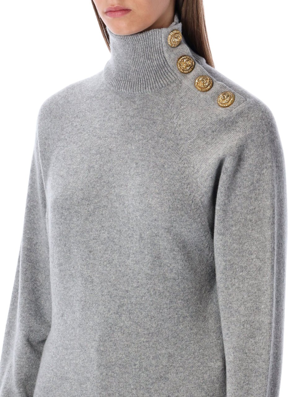 Balmain High Neck Knit Btn Gold Grigio Grijs
