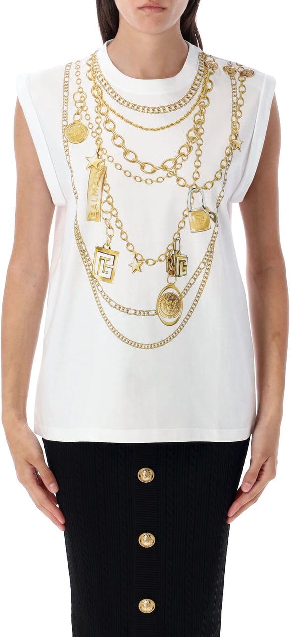 Balmain Tank Top Chain Print Bianco Wit