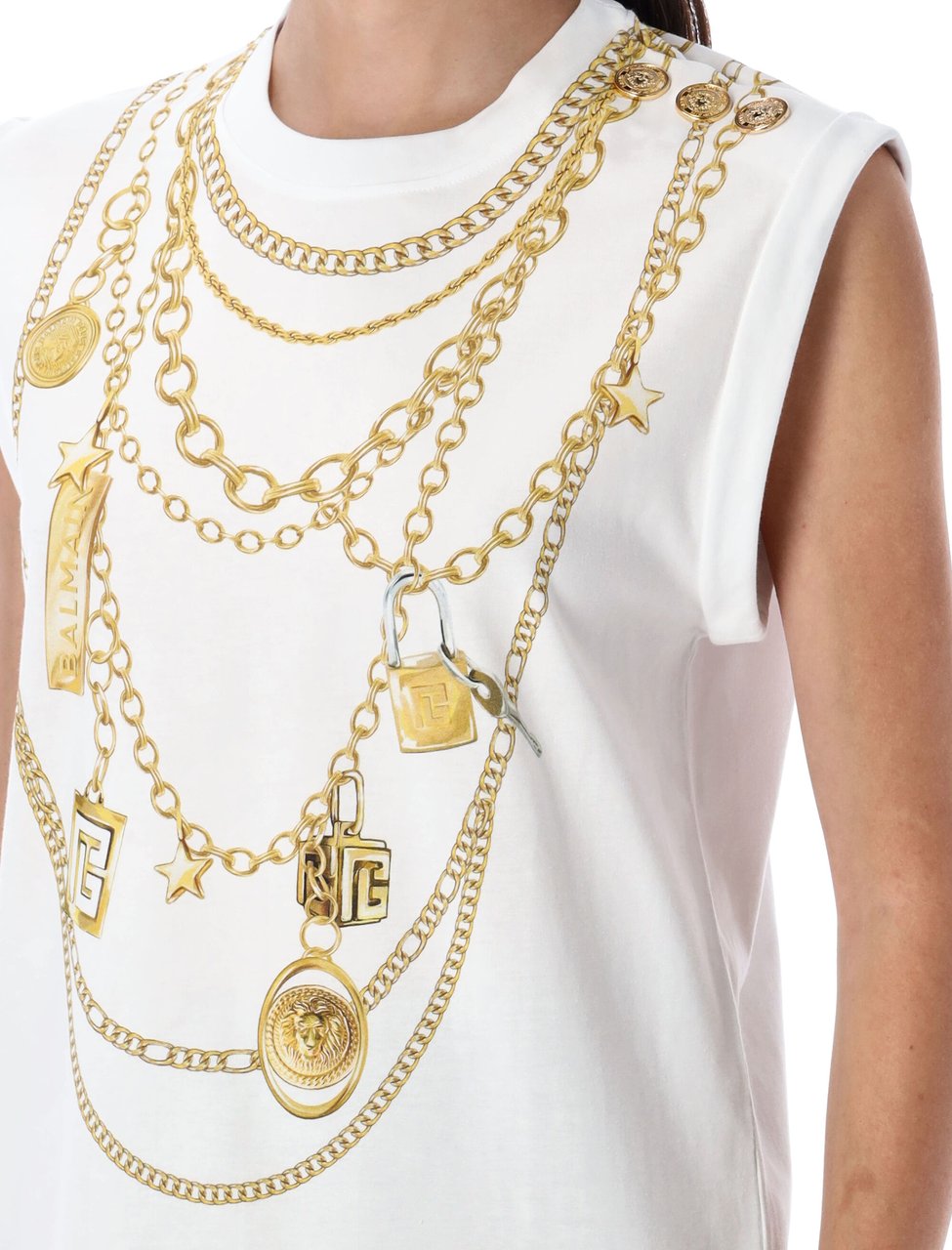 Balmain Tank Top Chain Print Bianco Wit