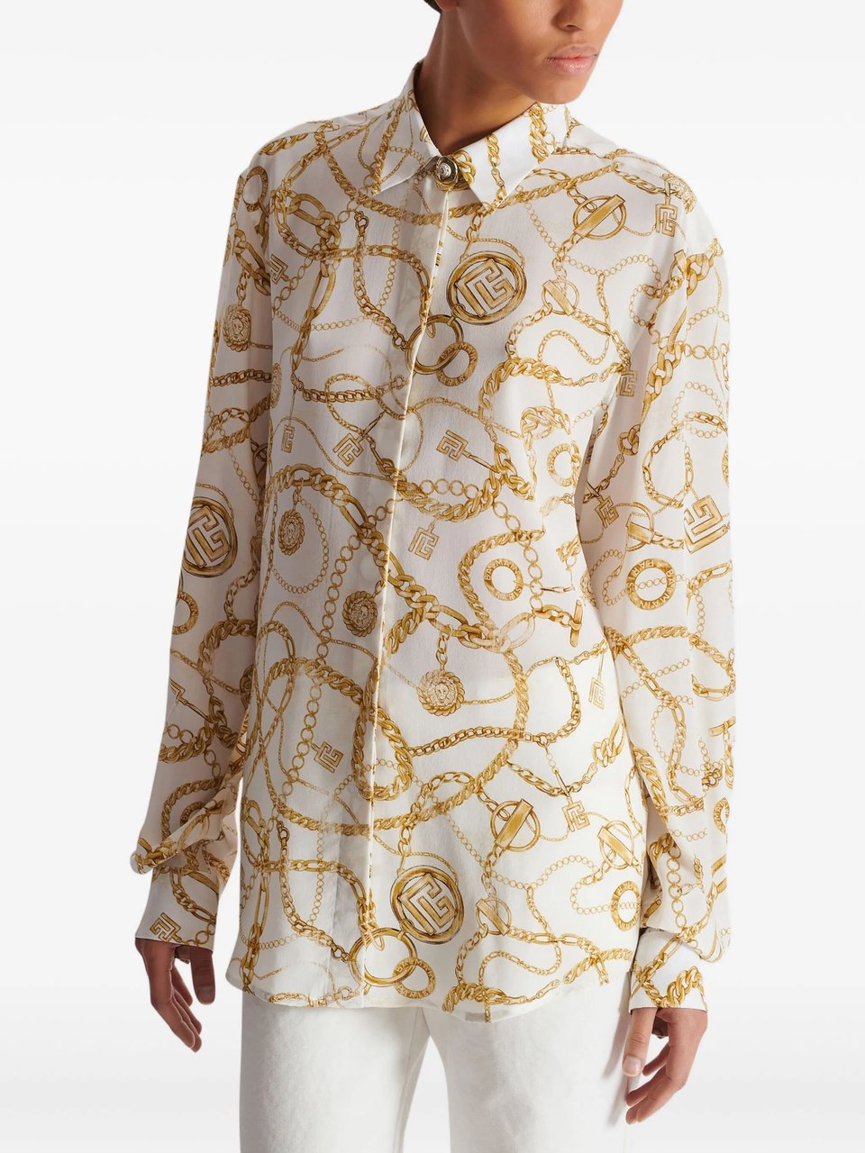 Balmain White Ls Shirt Chain Print Silk Shirt Neutraal