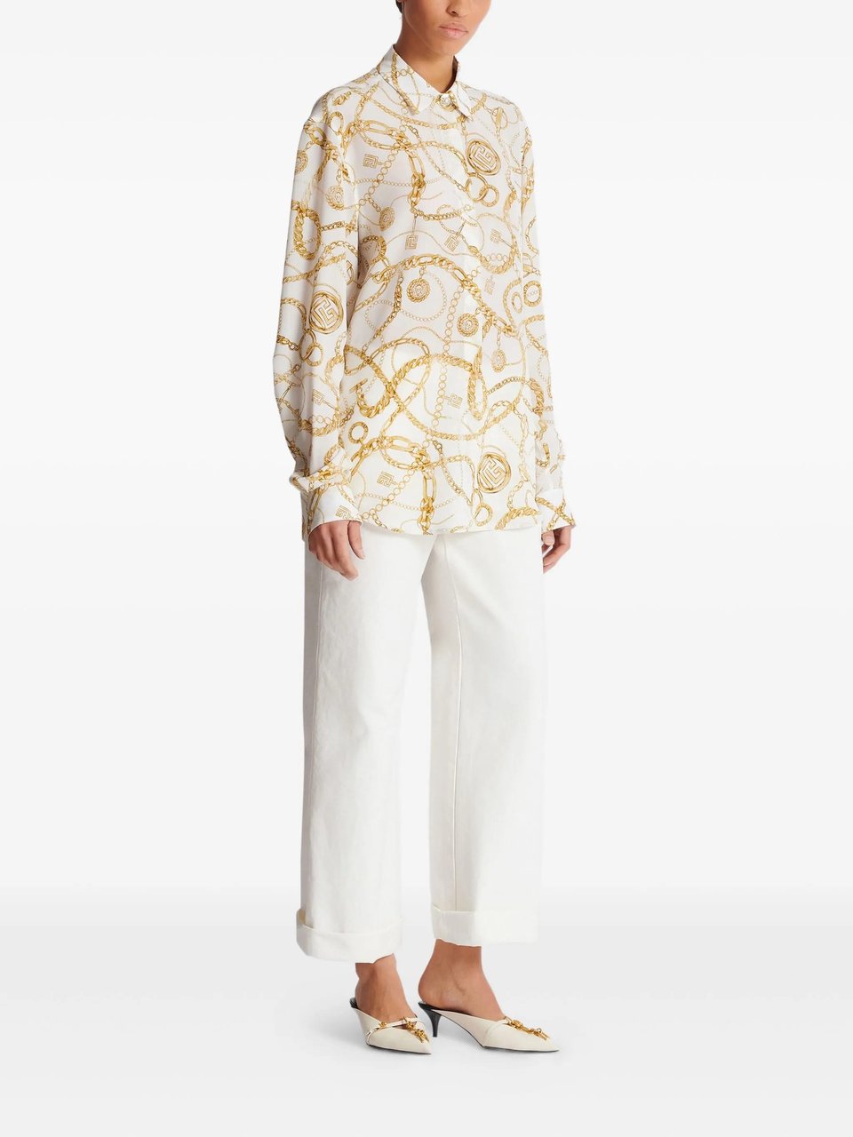 Balmain White Ls Shirt Chain Print Silk Shirt Neutraal