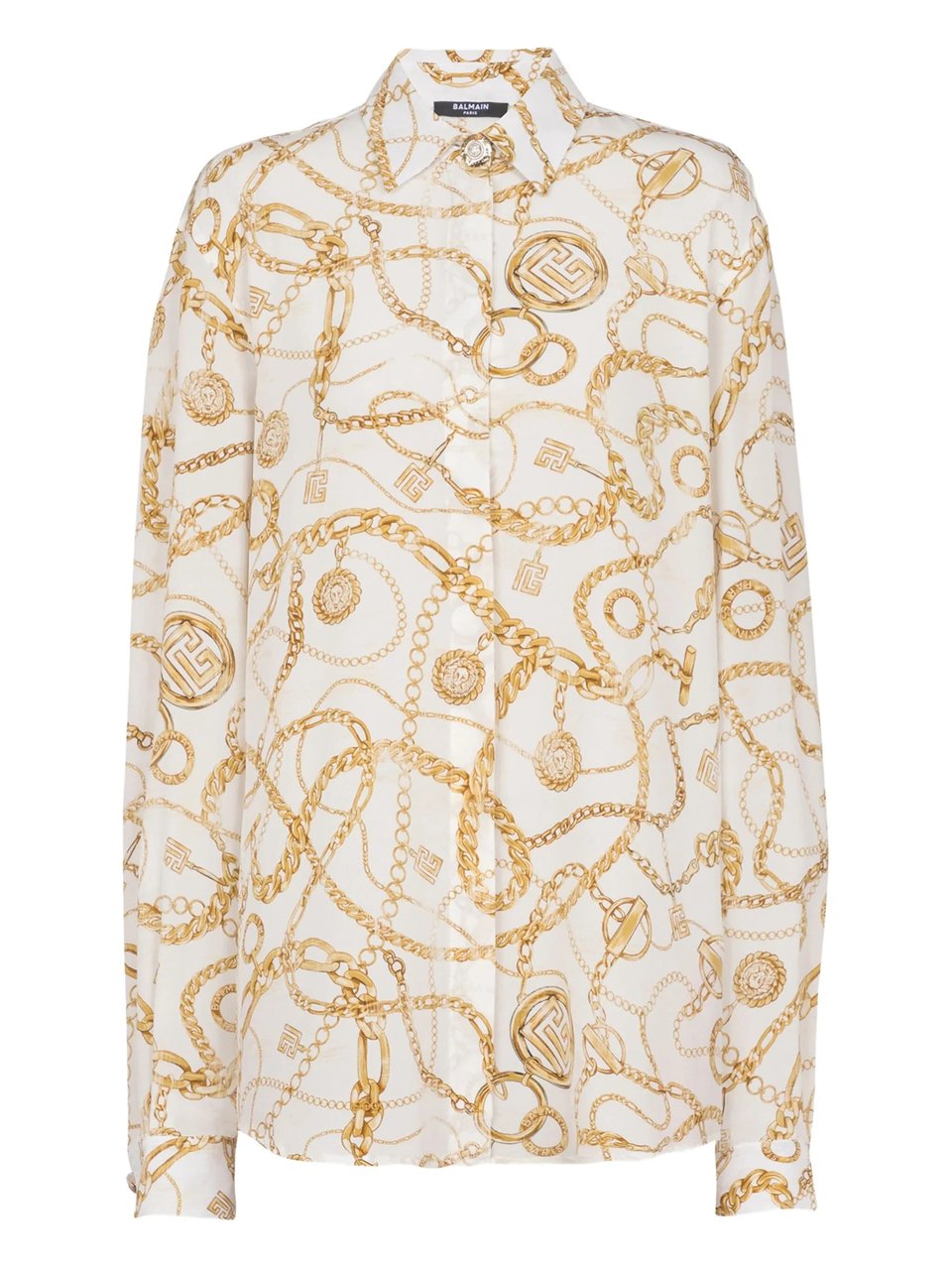 Balmain White Ls Shirt Chain Print Silk Shirt Neutraal