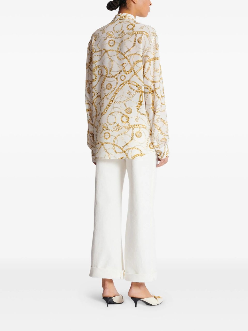 Balmain White Ls Shirt Chain Print Silk Shirt Neutraal