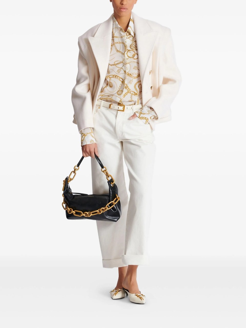 Balmain White Ls Shirt Chain Print Silk Shirt Neutraal