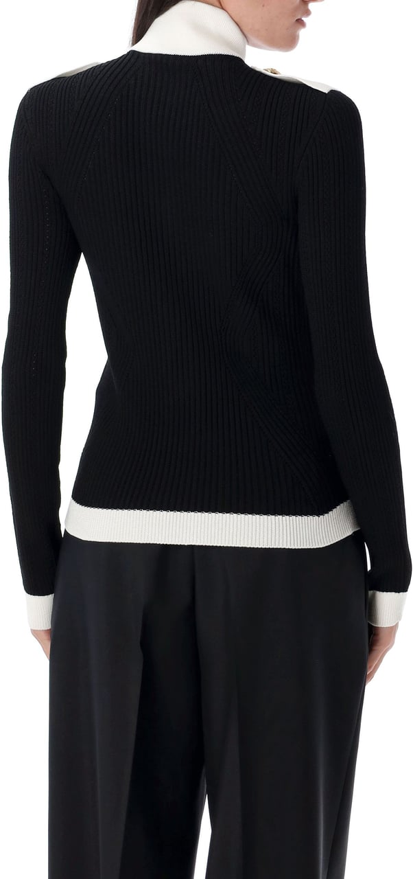 Balmain Zipped Turtleneck Torsade Knit Cardigan Noirblanc Zwart