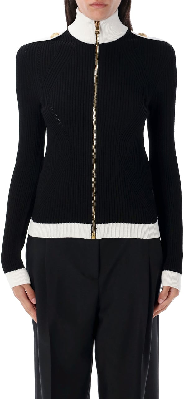 Balmain Zipped Turtleneck Torsade Knit Cardigan Noirblanc Zwart