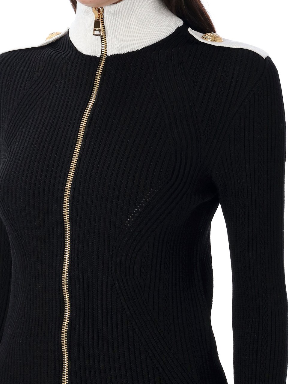 Balmain Zipped Turtleneck Torsade Knit Cardigan Noirblanc Zwart