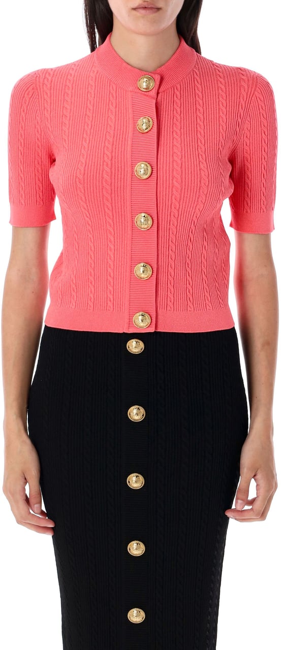 Balmain Ribbed and cable-knit cardigan Roze