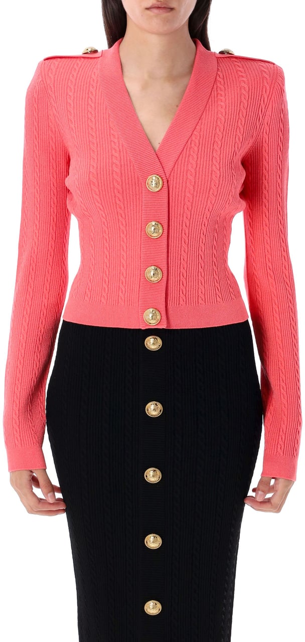 Balmain Long sleeves ribbed and cable-knit cardigan Roze