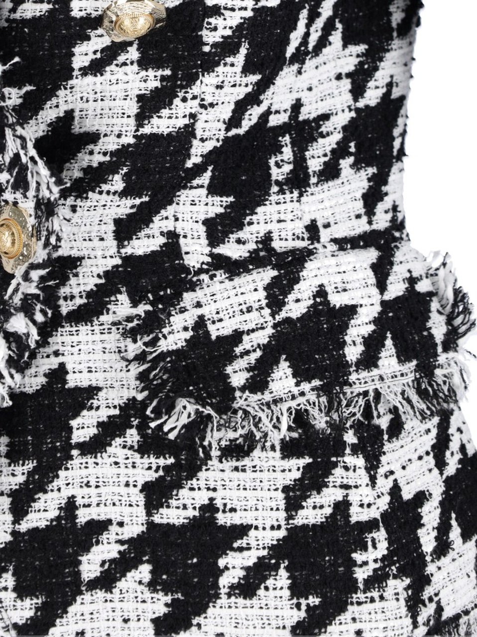 Balmain Double-Breasted Houndstooth Blazer With Frayed Design Zwart