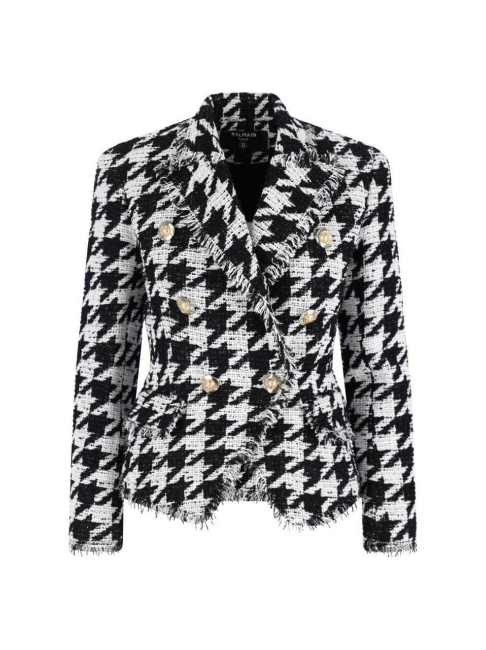Balmain Double-Breasted Houndstooth Blazer With Frayed Design Zwart