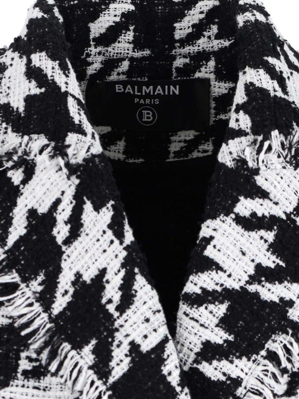 Balmain Double-Breasted Houndstooth Blazer With Frayed Design Zwart