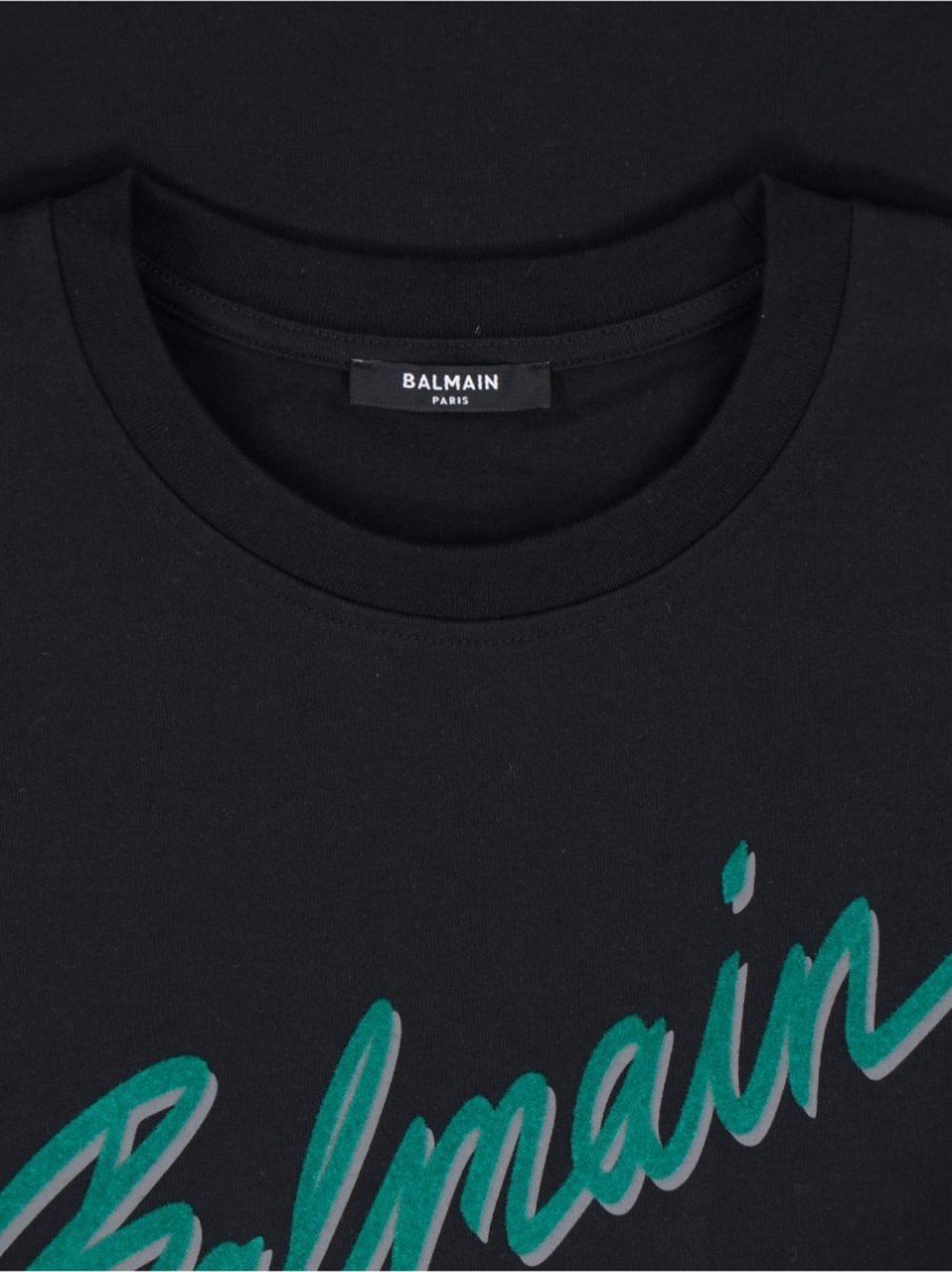 Balmain Black Cotton T-Shirt With Striking Green Logo Print Zwart