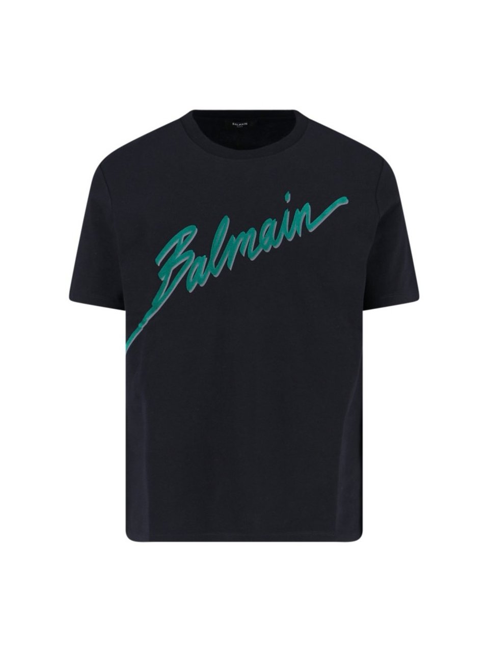 Balmain Black Cotton T-Shirt With Striking Green Logo Print Zwart