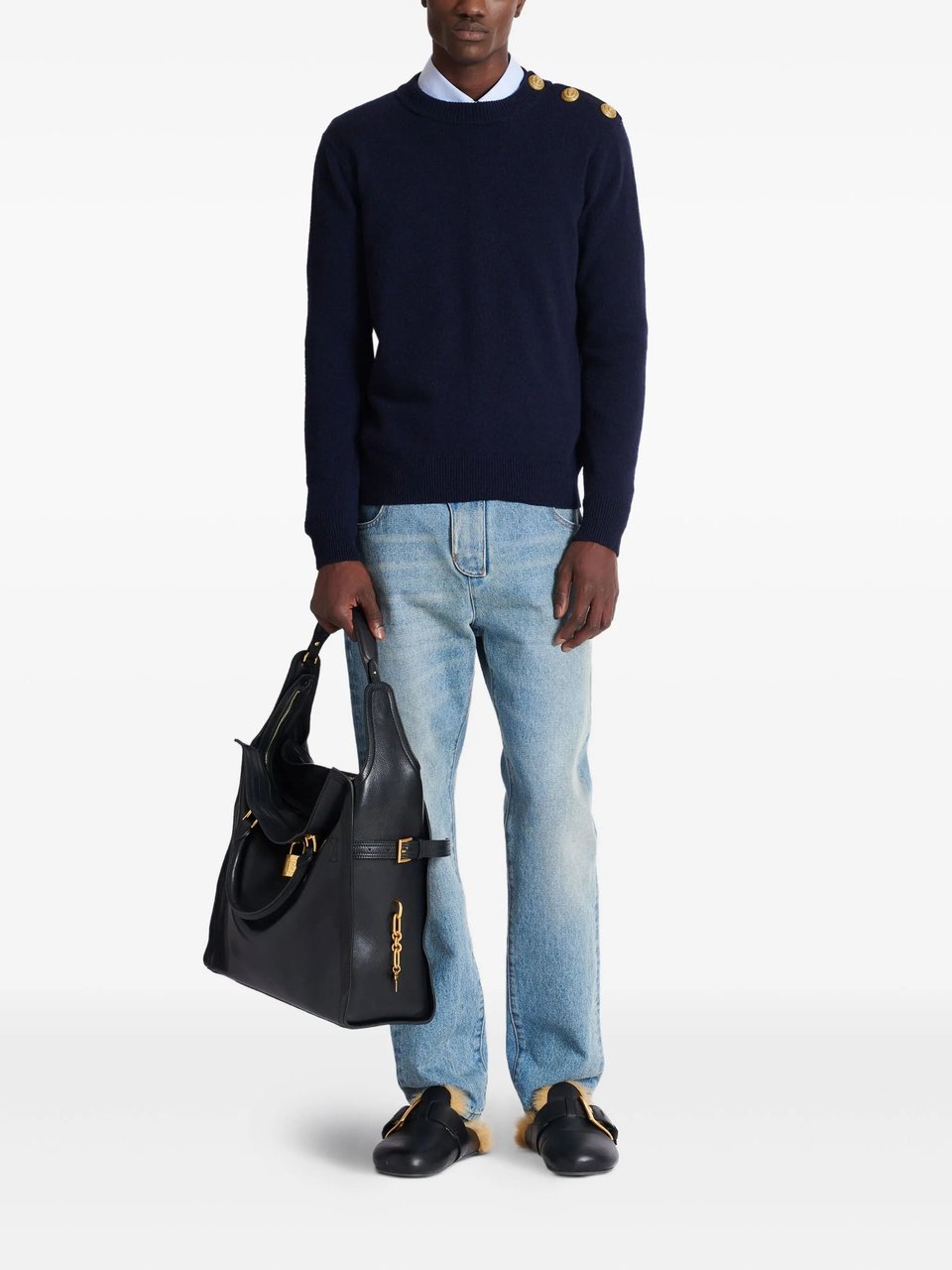 Balmain Dark Navy Classic Crew Neck Sweater Zwart