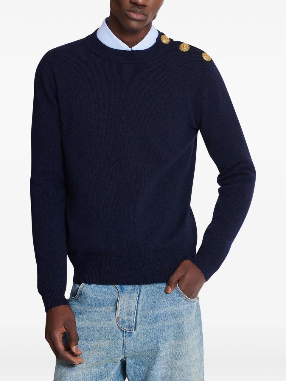 Balmain Dark Navy Classic Crew Neck Sweater Zwart