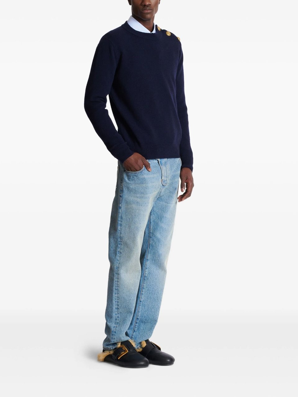 Balmain Dark Navy Classic Crew Neck Sweater Zwart