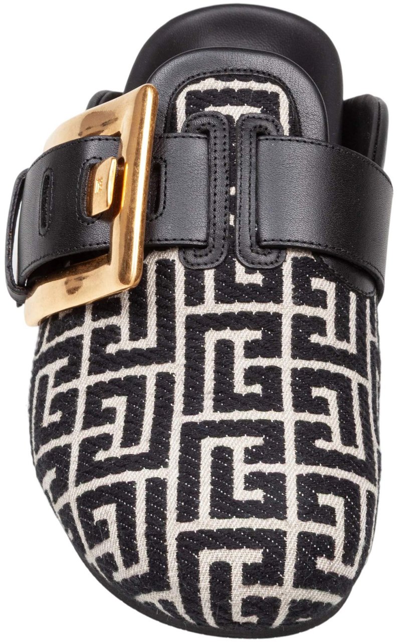 Balmain Balmain flat mule in jacquard canvas black and ivory Zwart