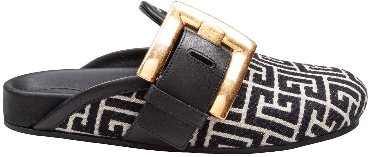 Balmain Balmain flat mule in jacquard canvas black and ivory Zwart