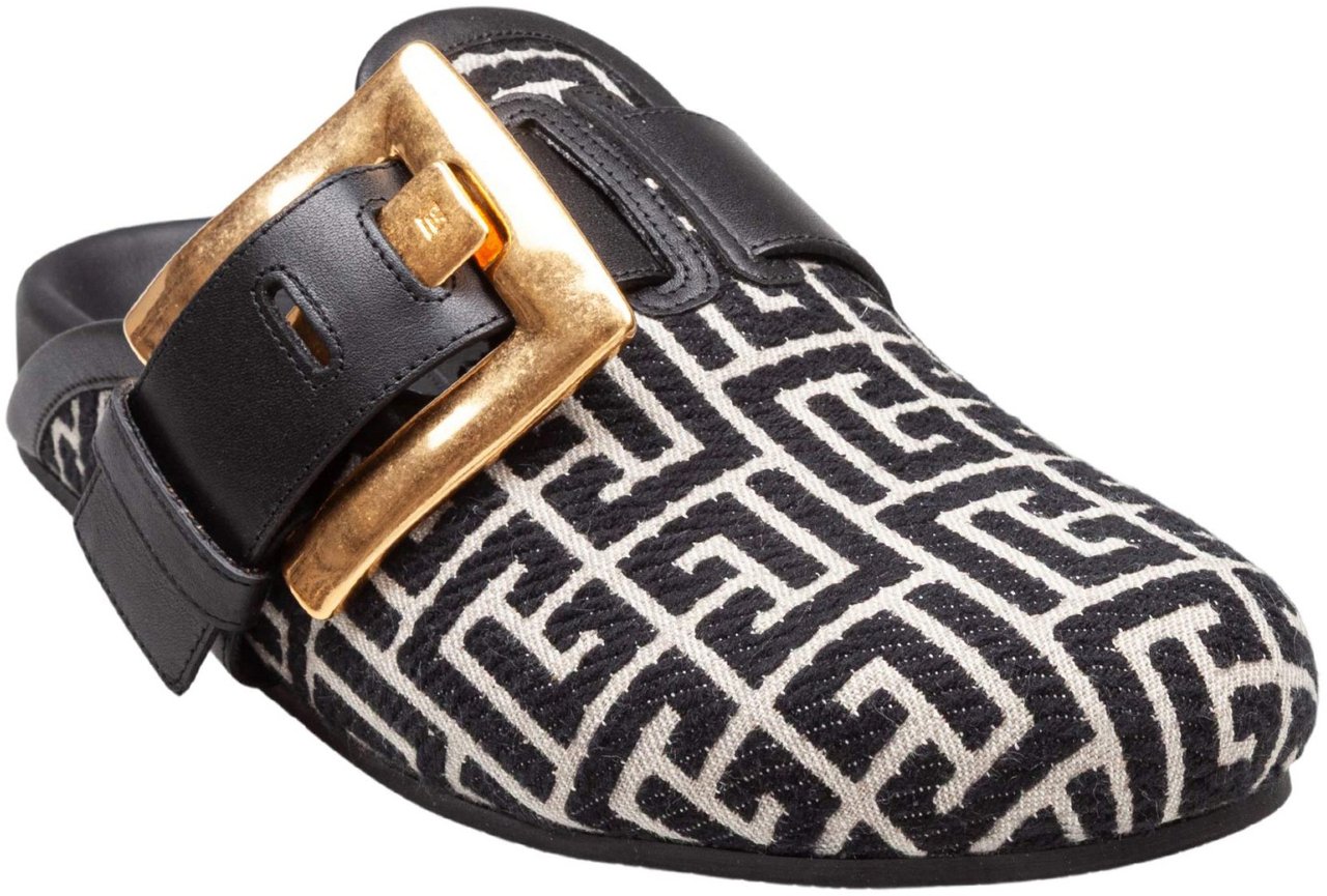 Balmain Balmain flat mule in jacquard canvas black and ivory Zwart