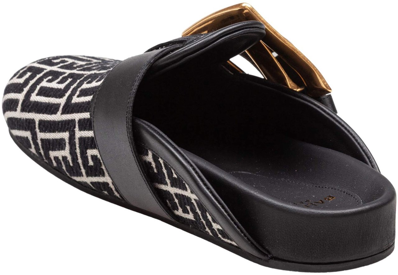 Balmain Balmain flat mule in jacquard canvas black and ivory Zwart
