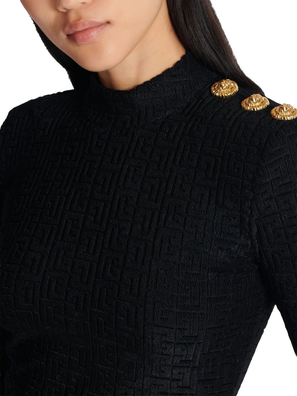 Balmain Fitted Long-Sleeved Textured Pattern Top Zwart