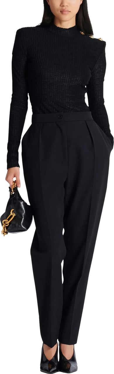Balmain Fitted Long-Sleeved Textured Pattern Top Zwart