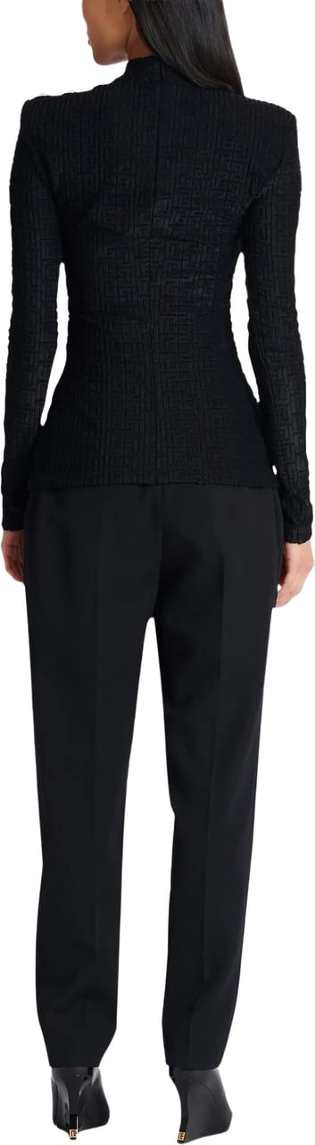 Balmain Fitted Long-Sleeved Textured Pattern Top Zwart