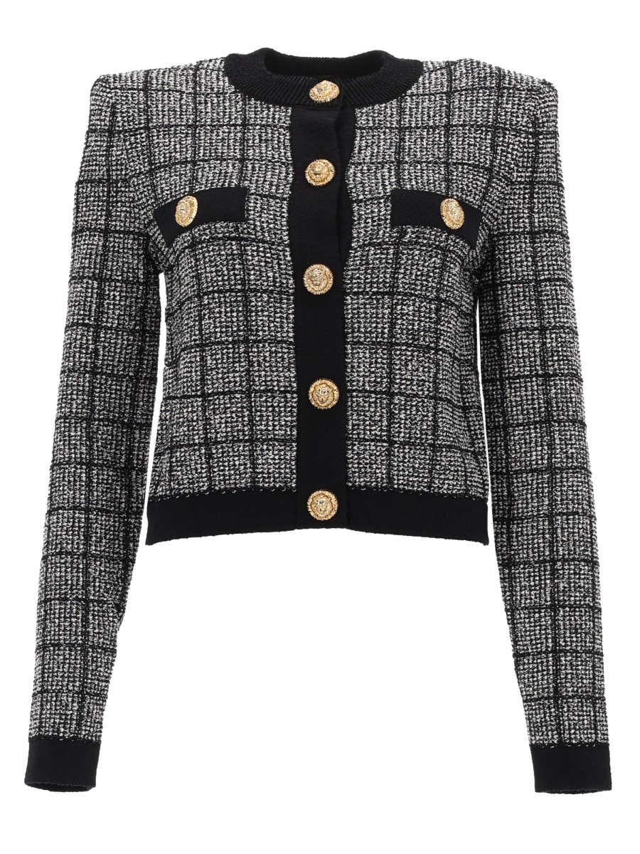 Balmain Textured Checkered Pattern Cropped Cardigan Grijs
