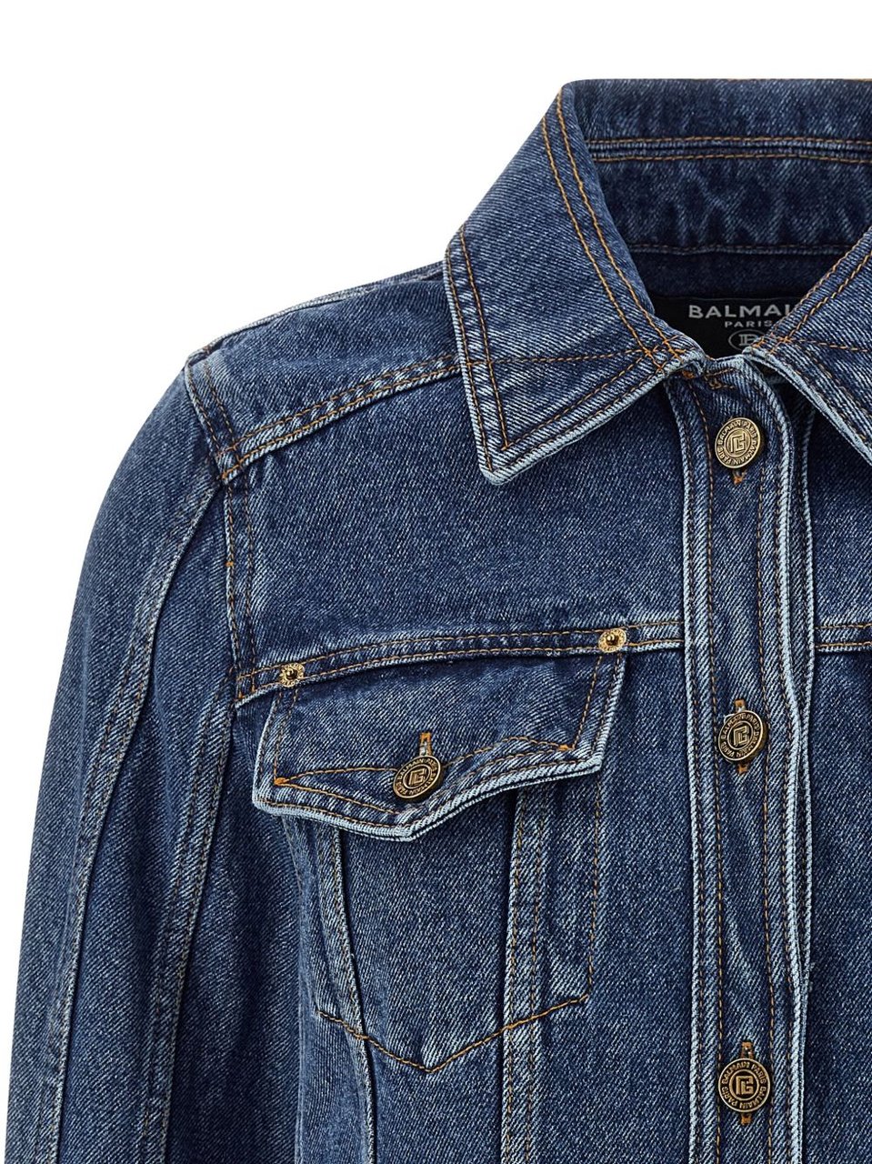 Balmain Cropped Denim Jacket With Classic Collar Blauw