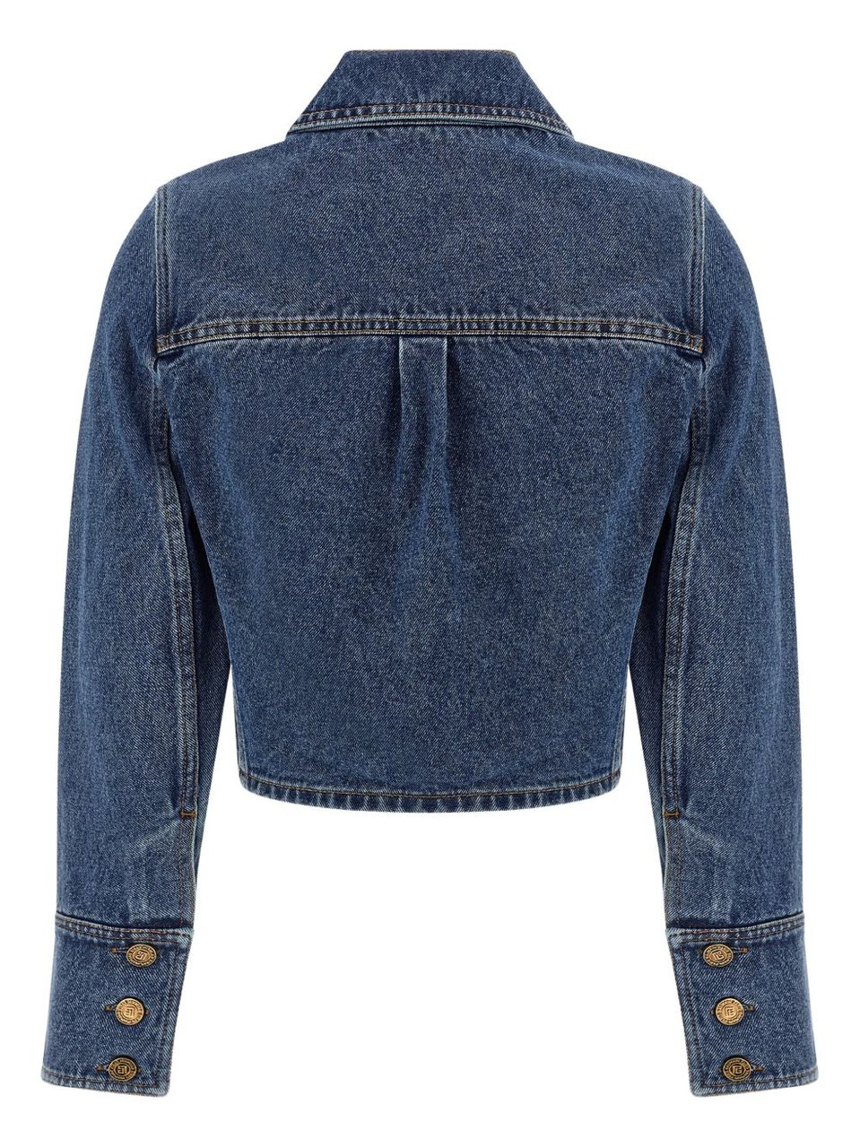 Balmain Cropped Denim Jacket With Classic Collar Blauw