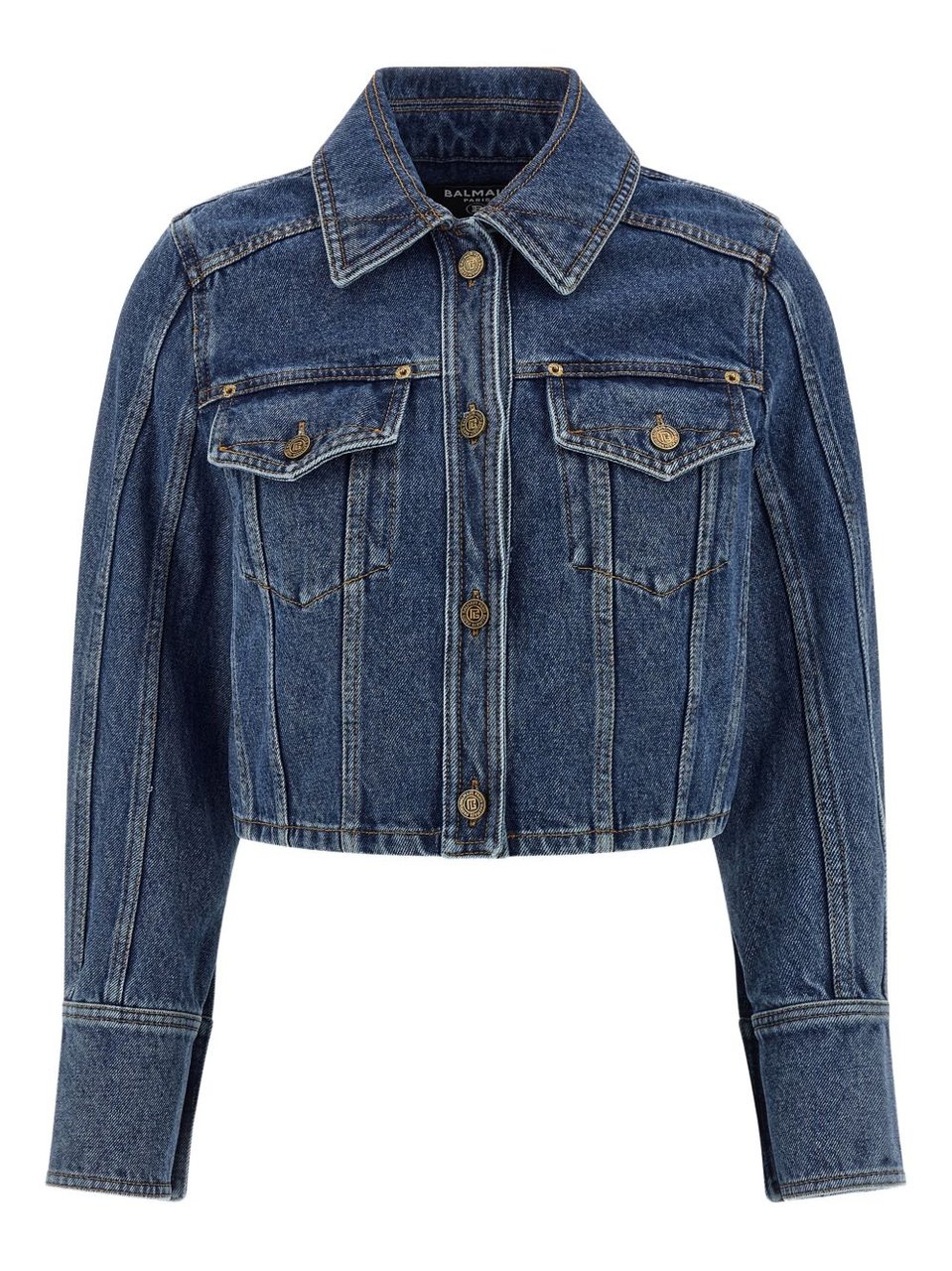 Balmain Cropped Denim Jacket With Classic Collar Blauw