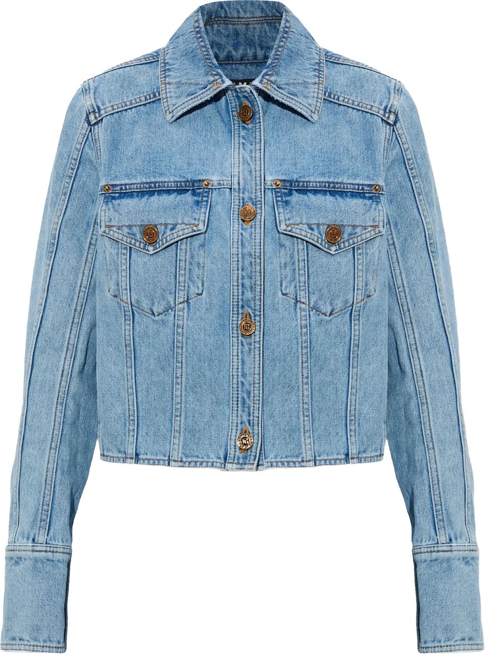 Balmain Cropped Light Blue Denim Jacket Blauw