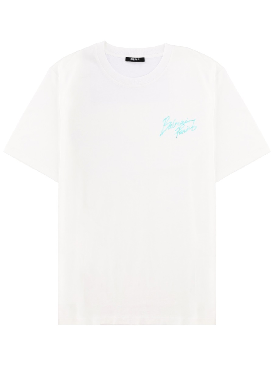 Balmain Light Blue Chest Logo T-Shirt Wit