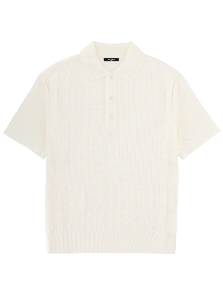 Balmain Textured Merino Wool Polo Shirt Wit