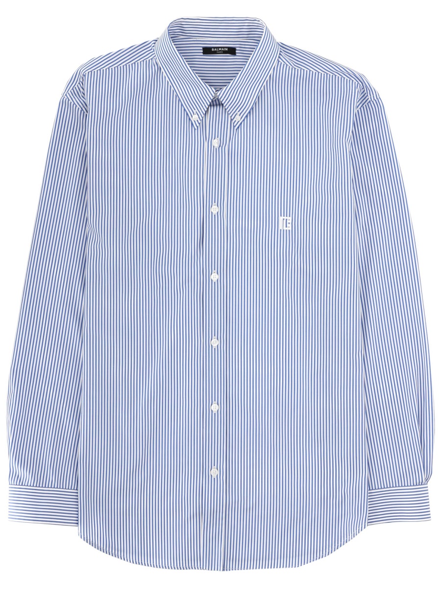 Balmain Blue Vertical Stripes Embroidered Shirt Blauw